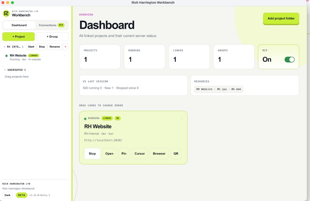 Rig dashboard showing linked projects, running servers and MCP status